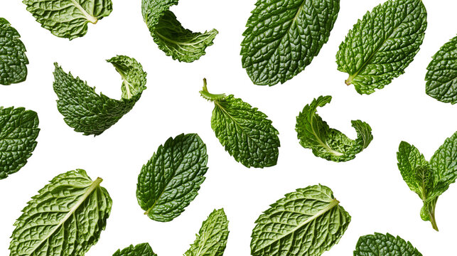 Fresh green peppermint leaves scattered in a pattern