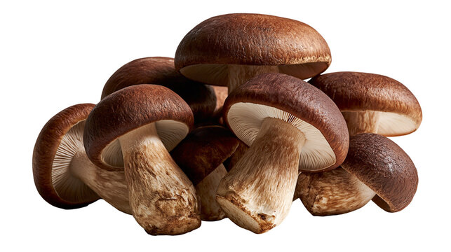 Fresh brown shiitake mushrooms cluster with textured caps and cream colored gills