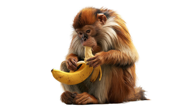 Collared mangabey monkey eating a ripe yellow banana