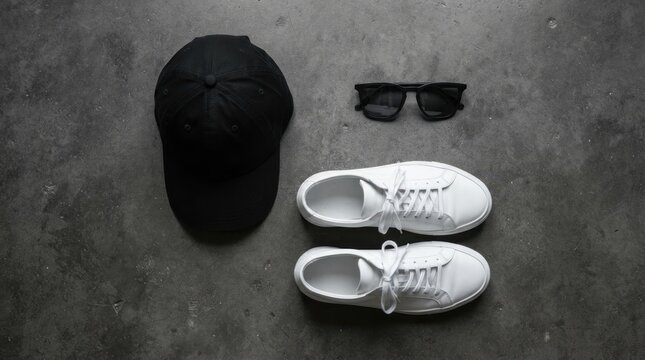 Black baseball cap, modern black sunglasses, and clean white lace-up sneakers neatly arranged in a minimalist flat lay composition on a textured dark grey concrete background, representing casual urba