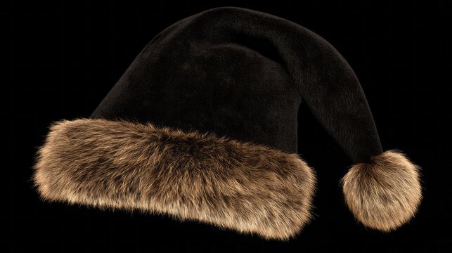 Black santa claus hat with soft brown fur trim isolated on transparent background, festive christmas holiday accessory for seasonal celebrations, winter party decoration, gift giving, and cheerful hol