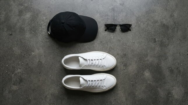 Black baseball cap, dark sunglasses, white minimalist leather sneakers, neatly arranged flat lay overhead on dark grey textured concrete background, showcasing modern casual fashion accessories and sl