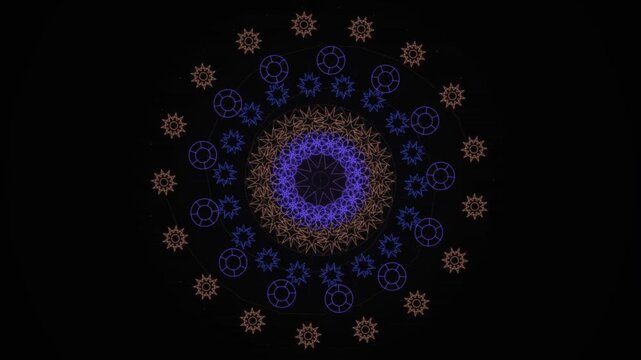 A mesmerizing looping mandala pattern featuring concentric rings of geometric wireframe shapes glowing in purple and orange against a black background.