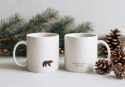 Cozy Mugs Mockup With Pinecone Decor PSD