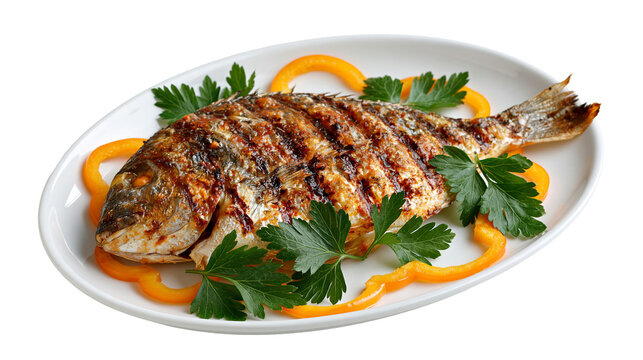 Grilled whole sea bream with charred grill marks served with yellow pepper slices