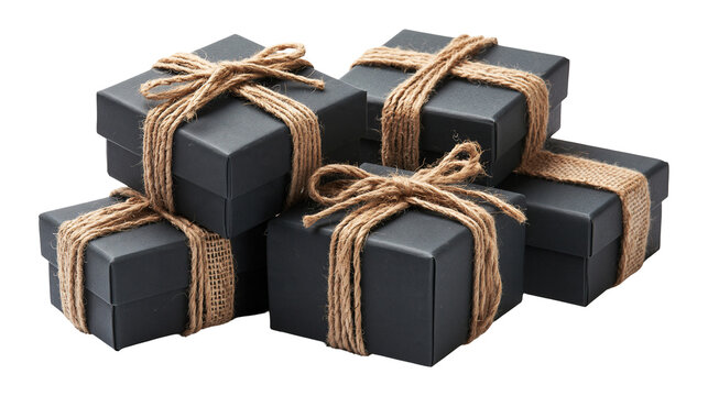 Stack of black square gift boxes tied with rustic jute twine bows