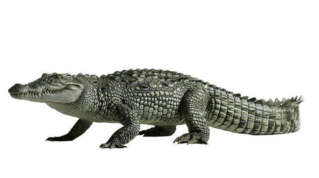 Large green Nile crocodile with textured scaly skin standing in profile view