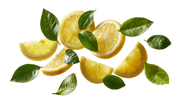 Fresh sliced yellow lemon pieces with green leaves floating in the air