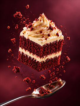 Levitating Square Red Velvet Cake Slice with Cream Cheese Frosting Crumbs Explosion and Silver Spoon on Dark Red Background