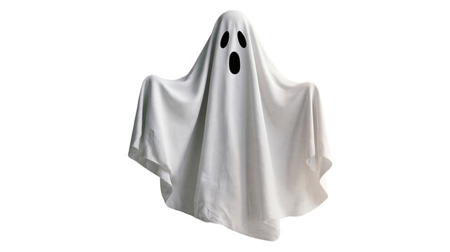 White sheet ghost costume with black oval eyes and mouth expression