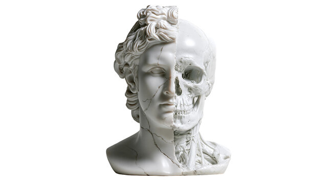 Split face marble sculpture showing classical human head and anatomical skull