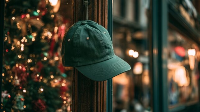 Festive green baseball cap hanging beside a decorated window with warm holiday lights, seasonal christmas decorations, cozy winter atmosphere, and cheerful celebration background