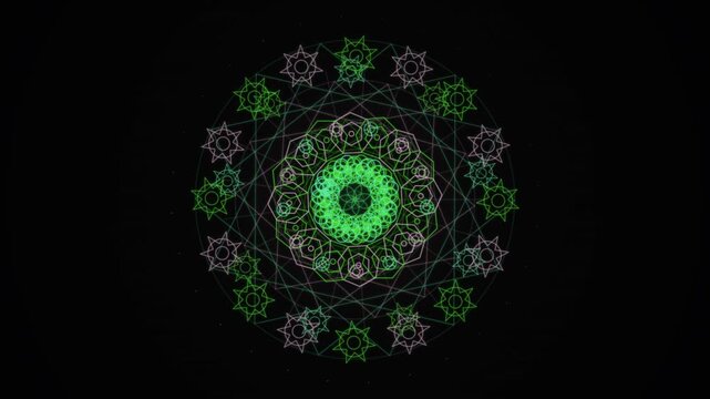 A glowing green mandala pattern featuring interconnected geometric shapes and stars arranged in a circular formation against a black background.