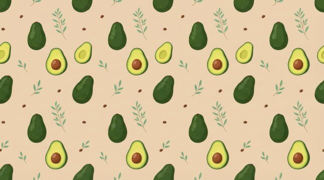 Seamless pattern with cartoon whole and halved avocados featuring a brown pit, scattered green leaves, and tiny brown dots on a light beige background, ideal for healthy food designs.