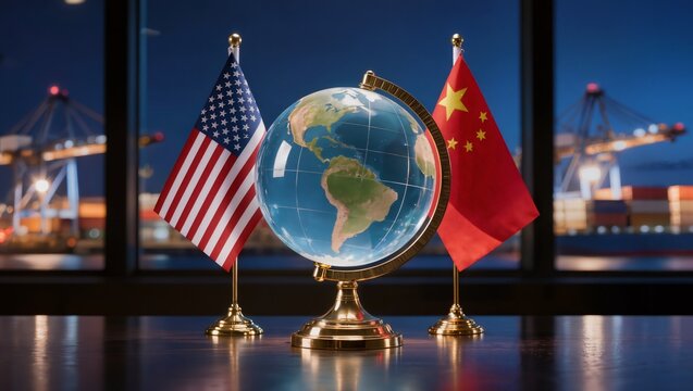 Glass globe between American and Chinese flags at port window, trade war, diplomacy