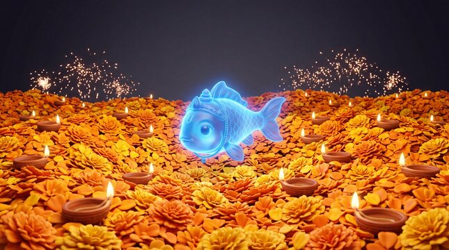 Glowing blue fish avatar floating above marigold flowers and clay lamps