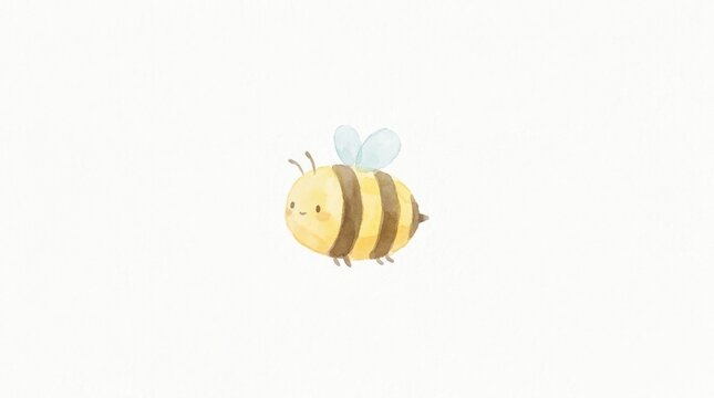 Adorable watercolor cartoon bee illustration with soft pastel colors and a friendly smiling face, rendered in a simple, charming style on a clean off-white textured paper background, perfect for child