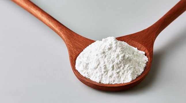Close-up of a wooden spoon holding a pile of fine white powder, perfect for baking and cooking ingredients
