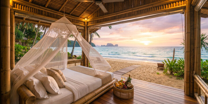 Bamboo beach bungalow with a romantic mosquito net bed overlooking a tropical ocean sunset