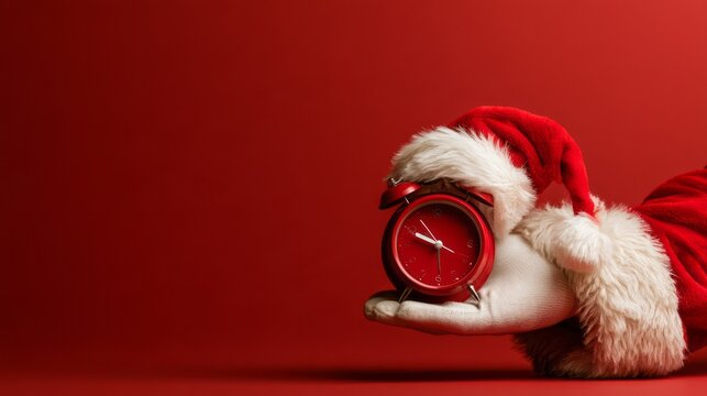 Santa claus hand holding a red alarm clock while wearing a festive santa hat against a bright red background, christmas and new year countdown concept, holiday celebration, seasonal shopping, festive 