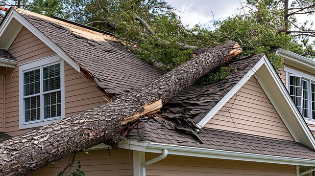 Large tree trunk fallen onto residential house roof causing significant damage after storm