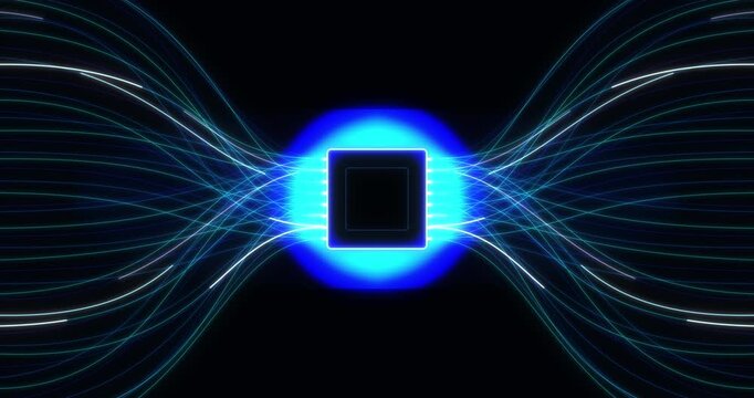 Glowing blue microchip with flowing fiber light strands, digitally created, seamless 4K loop