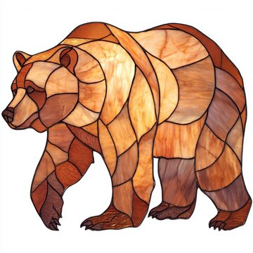 Stained Glass Grizzly Bear Mosaic With Earth Tones And Textured Patterns On White Background