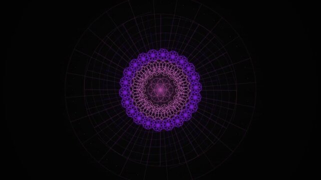 Glowing purple geometric mandala with radial grid lines creating a dynamic looping visual effect