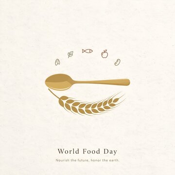 World Food Day minimalist concept illustration with wooden spoon and wheat ears