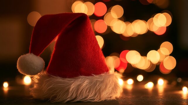 Red santa claus hat with fluffy white fur trim surrounded by warm christmas lights and festive golden bokeh, holiday celebration background with cozy seasonal atmosphere