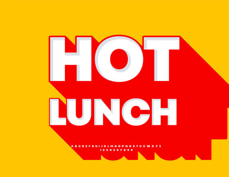 Vector Promo template Hot Lunch for Cafe, Bistro and Restaurant. Modern Font with Big Red Shadow. Bright 3D Alphabet Letters and Numbers set.