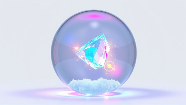 Glowing crystal inside sphere. Soft clouds below, bright light effects. Minimalist presentation, futuristic design, elegant composition.