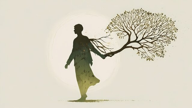 Surreal silhouette of a person holding a tree branch in a minimalist