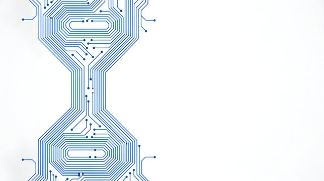 Futuristic blue printed circuit board (PCB) tracks forming a DNA double helix pattern on a white background, symbolizing biotechnology, bioengineering, cybernetics, and digital science