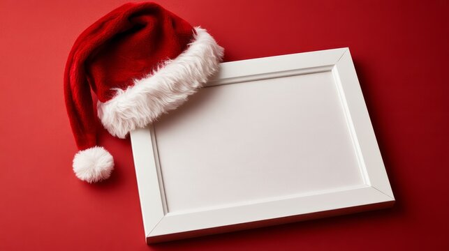 Christmas santa hat with blank decorative frame isolated on a clean festive background, seasonal holiday greeting template with copy space for christmas messages, promotions, invitations, and winter c