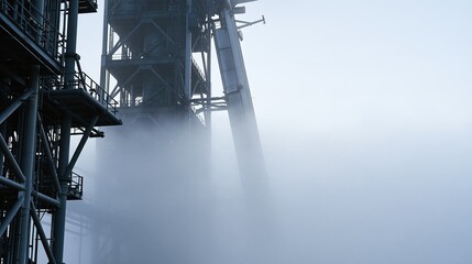 Fototapeta premium Industrial steel structure shrouded in atmospheric fog, evoking a sense of mystery and industrial heritage