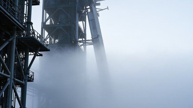 Industrial steel structure shrouded in atmospheric fog, evoking a sense of mystery and industrial heritage