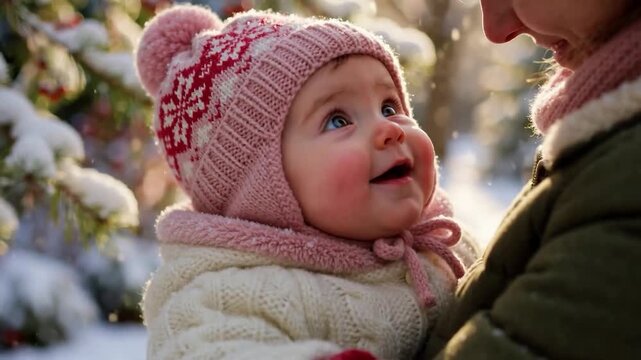 Smiling baby in a pink knit winter hat with mom on Christmas day