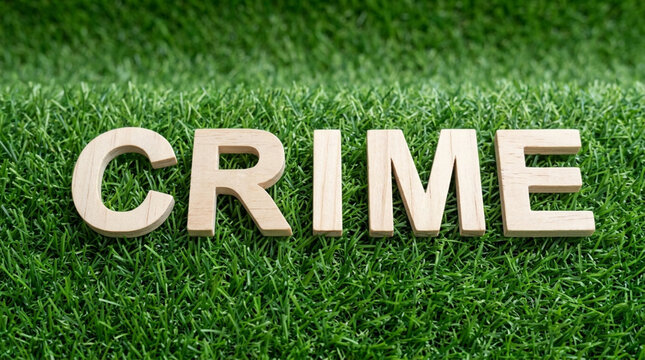 Wooden Letters Spell Out CRIME on Vibrant Green Grass Background Concept of Illegality and Unlawful Acts