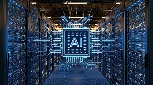 Futuristic AI chip glowing at the center of a modern data center server room