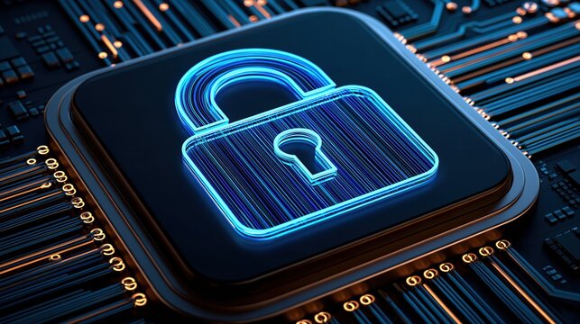 Glowing Digital Padlock Icon on Futuristic Circuit Board Represents Cyber Security and Data Protection