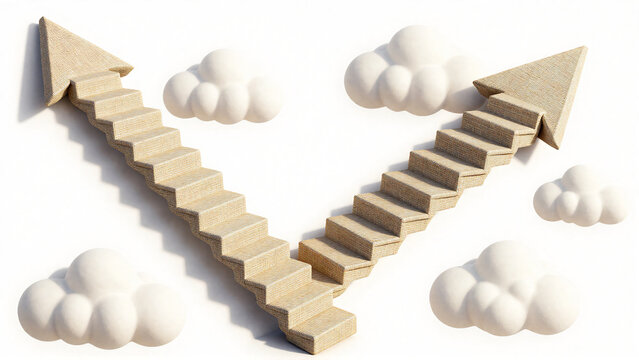 Wooden stairs shaped as arrows rising toward the clouds
