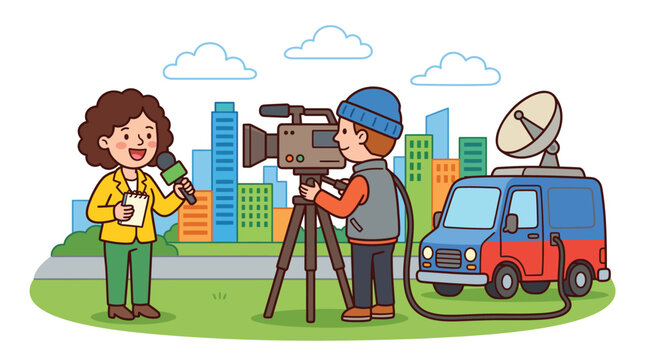 News reporter interviewing on location with camera crew