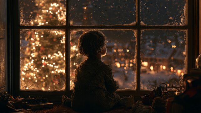 Child looking out the window on christmas day, peaceful winter holiday morning with snowy outdoor view, cozy home interior, festive seasonal atmosphere, christmas celebration and childhood wonder