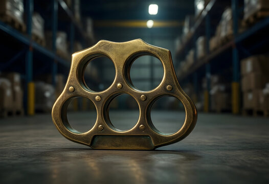 Violence and crime prevention, brass knuckles weapon on warehouse floor illegal activity, street fighting and dangerous contraband security