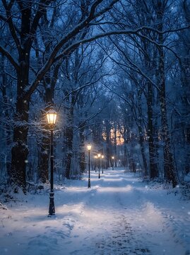 Snowy Winter Path Lit By Warm Street Lamps