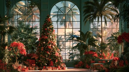 Fototapeta premium Tropical Christmas holiday celebration with festive decorations, palm leaves, warm sunlight, colorful ornaments, and seasonal atmosphere in an exotic summer setting