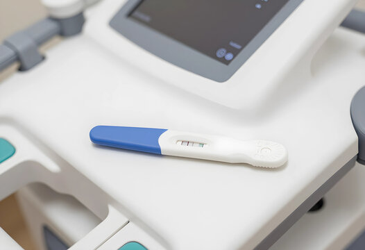Pregnancy test with positive result, fertility and reproductive health concept, medical diagnostic equipment in a clinic for family planning and care