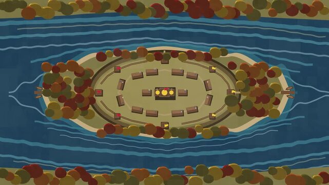 Pixel art fortress loop animation on river island with autumn trees
