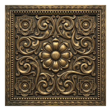 Antique Brass Floral Temple Relief with Central Flower and Curled Vines